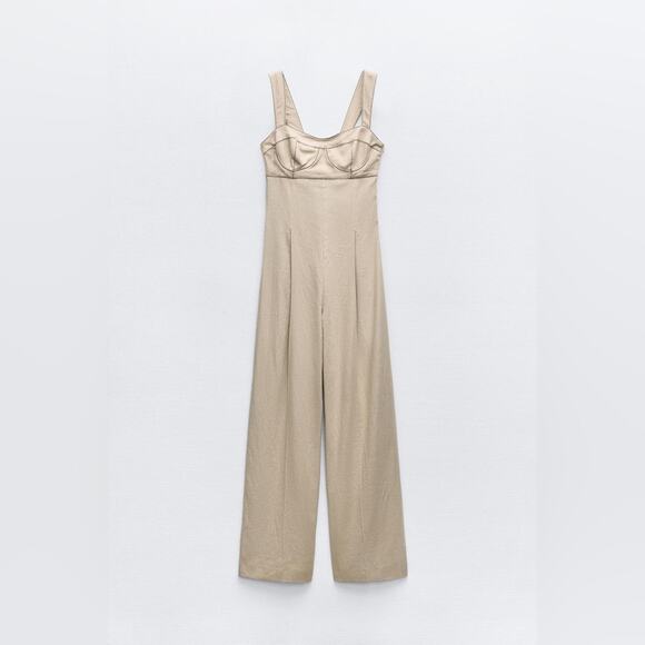 ZARA CONTRAST TOPSTITCHING CORSET LINEN BLEND JUMPSUIT - Picture 2 of 14